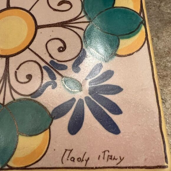 Italy Pottery Trivet Lemon Pier 1 Wall Hang Green Leaf Blue Flower Scrolls - Picture 4 of 6